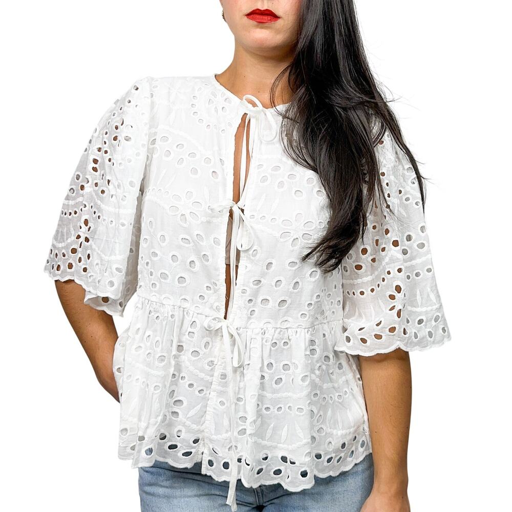 Love Wednesday White Eyelet Tie Front Flutter Sleeve Blouse